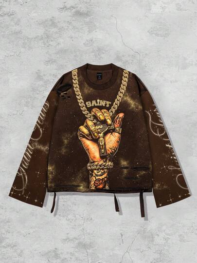 ROMWE MEN Street Life Spring Casual Graphic Vintage Street Style Distressed Saint Graphic Long Sleeve Crew Neck Men'S T-Shirt