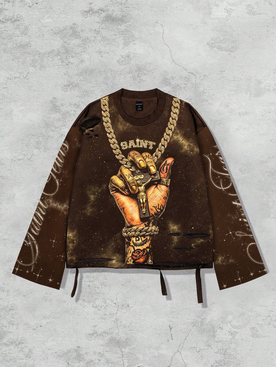 ROMWE MEN Street Life Spring Casual Graphic Vintage Street Style Distressed Saint Graphic Long Sleeve Crew Neck Men'S T-Shirt - Coffee Brown - View 1
