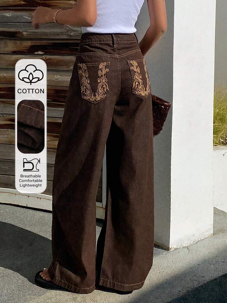 Tall Women's Elongated Jeans With Embroidery Decor, Casual Street Style Barrel Leg Jeans