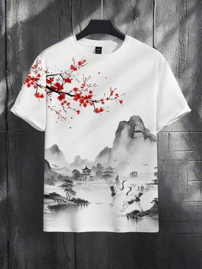 Manfinity RSRT Ink Painting Style Landscape, Plum Blossom & Crane Print T-Shirt, Men's Casual Short Sleeve Top, Retro Style Short Sleeve T-Shirt, Landscape Pavilion & Crane Plum Blossom Print Men's Wear, Versatile Casual Summer Top