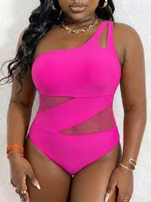 Slaydiva 2026 New Women's Spring/Summer Solid Color Patchwork One-Piece Plus Size Swimsuit For Beach - Hot Pink - View 4