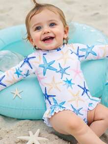 SHEIN 女婴海星印花休闲沙滩连体泳衣 - 藍色 - 查看 2