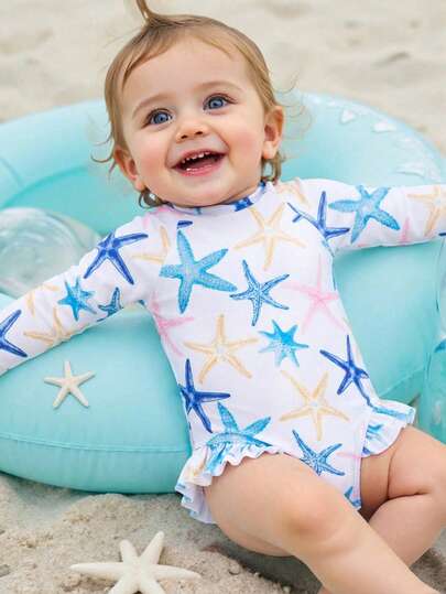 SHEIN 女婴海星印花休闲沙滩连体泳衣