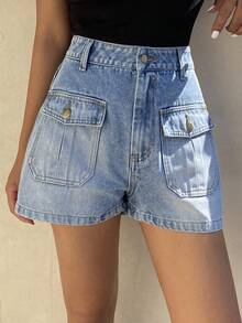 Livesso Women's Washed Blue Denim Shorts With Large Pockets, Suitable For Summer Beach Holiday Jorts - Blue - View 4