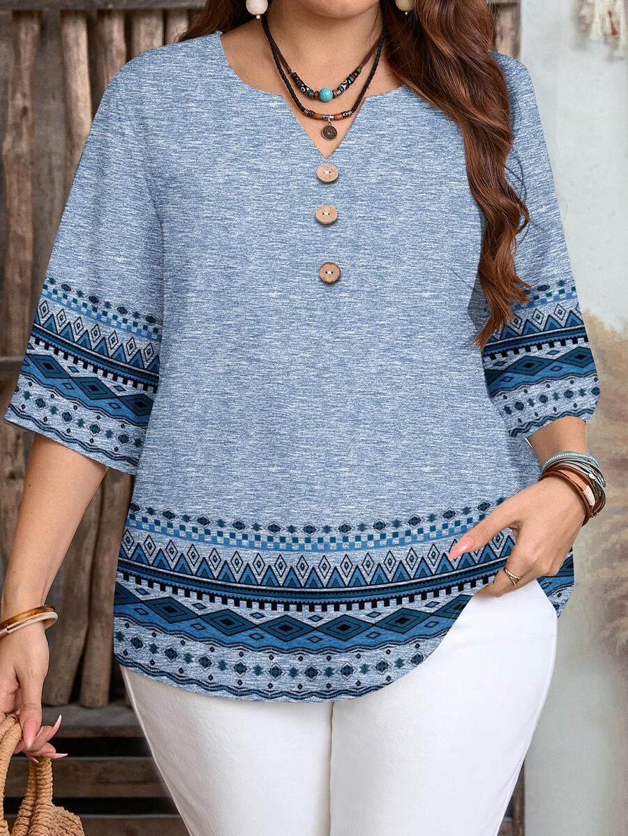 EMERY ROSE Camisa holgada de mujer con patrón geométrico y manga 3/4 para vacaciones - Multicolor - Ver 1