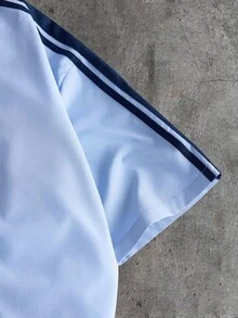 AXEPEAK 男士撞色单排扣休闲百搭通勤短袖衬衫 - 淺藍色 - 查看 4