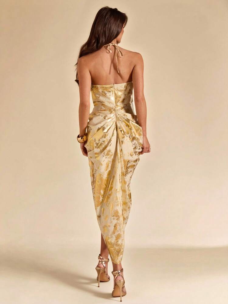 SHEIN BAE Abito in raso dorato senza maniche con spacco alto, elegante mini abito in raso dorato, abito da sera formale, adatto per feste, occasioni formali, abito elegante, abito lungo dorato, abito da compleanno, abbigliamento da invitato al matrimonio - Dorato - Visualizzare 2