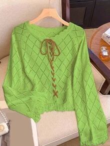 SHEIN LUNE 博主同款时尚撞色系带镂空花卉流苏套头毛衣，欧美设计针织女式上衣，抹茶绿针织罩衫，女士长袖上衣，最新款女式上衣，新款女式毛衣，女士休闲上衣，优雅 - 青檸色 - 查看 6