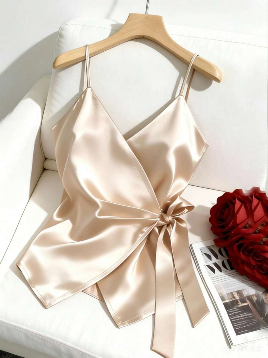 Lyxana Camiseta de mujer de unicolor con nudo lateral de moda - Champán - Ver 1