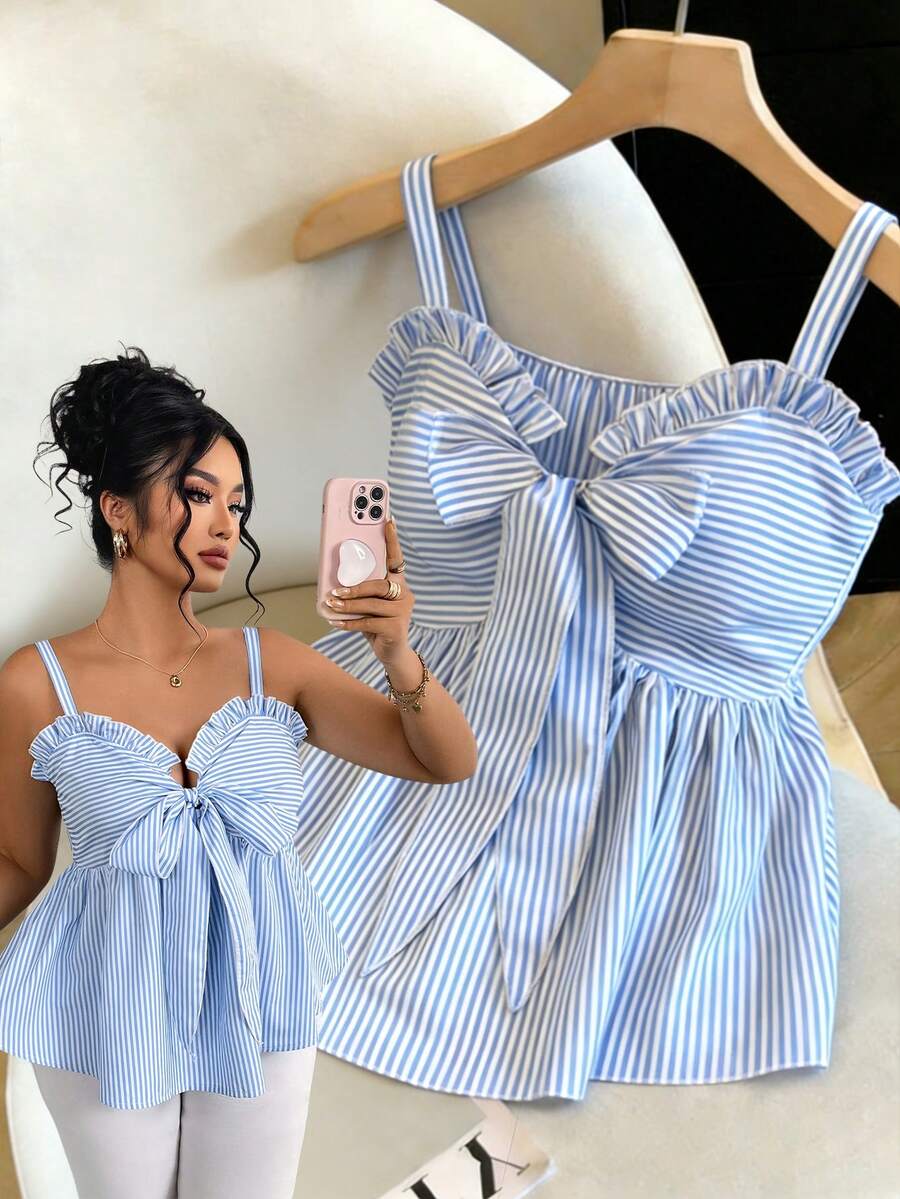 GlowEve CURVE 大码束腰宽松条纹休闲女式吊带背心，春夏款 - 藍白色 - 查看 1