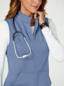 TaskEZ Solid Color Zipper Front Sleeveless Casual Scrub Uniform Jacket - Blue - View 4