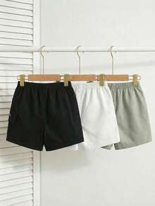 SHEIN Playful Pals 3pcs Baby Boys' Elastic Waist Shorts With White Letter & Black Graphic, Casual Cargo Style Bottoms, Suitable For 6M-3T, Summer - Multicolor - View 2