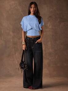 SHEIN BAE 女士波点印花圆领蝙蝠袖收腰T恤 - 淺藍色 - 查看 1