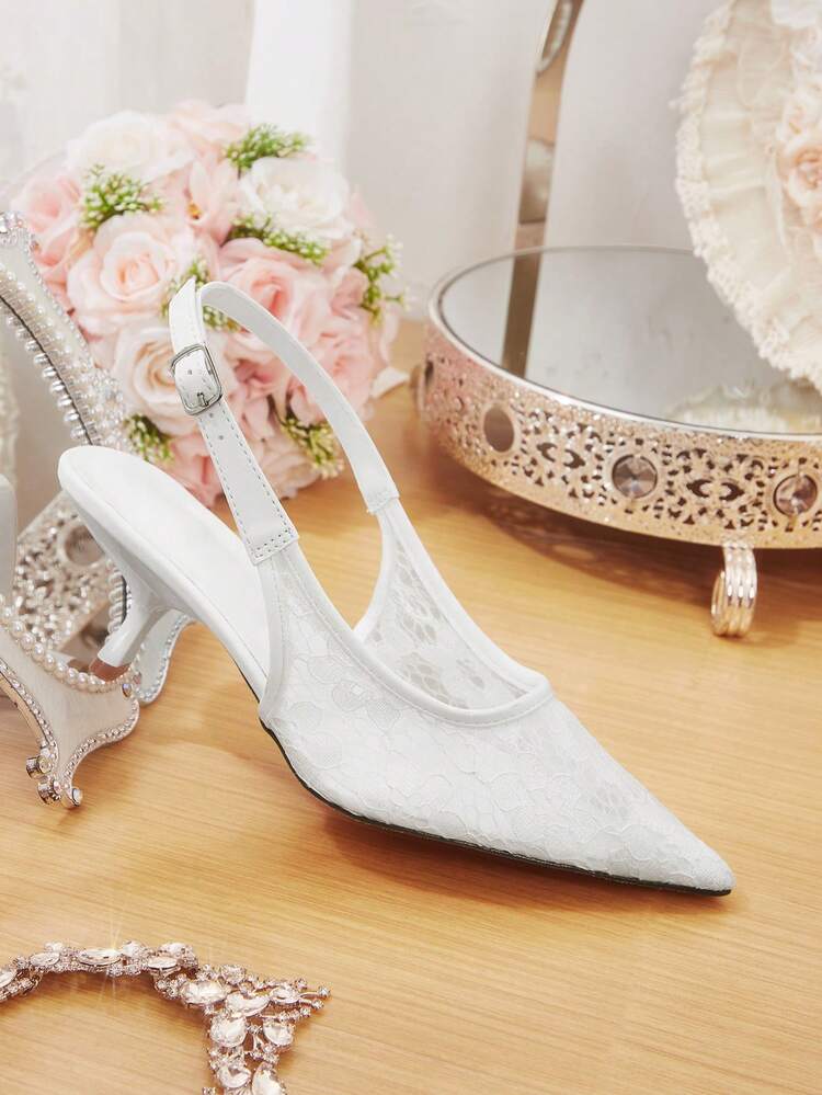 CUCCOO HITCHD Women's Shoes Lace Embroidery Pointed Cat Heel Elegant Romantic White Lace Mesh High Heels, Bridal, Bridesmaid, Party, Wedding Christmas Dress Shoes