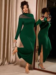 Cravure Elegant Spring/Autumn Stand Collar Long Sleeve Fitted Black Plus Size Women Dress - Dark Green - View 3