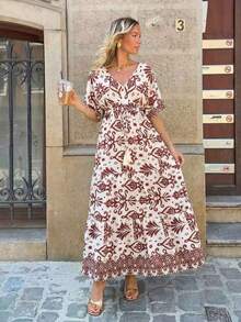 Brillora 女士优雅浪漫度假印花连衣裙，春夏款 - 巧克力棕 - 查看 9