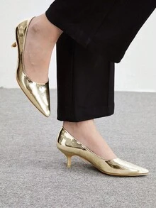 CUCCOO BIZCHIC Zapatos de tacón de aguja de gatito con punta afilada y diseño minimalista para mujer, simples y elegantes para la oficina y el trabajo - Dorado - Ver 5