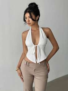 EMERY ROSE Y2K 宝贝风纯棉 V 领系带露背吊带背心，性感又可爱优雅的夏季女式上衣 - 白色 - 查看 6