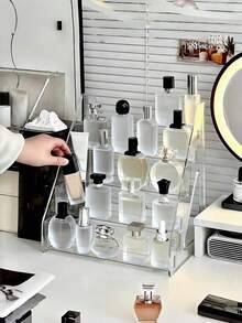1 Pc Multilayer Reinforced Pyramid Stand Clear Acrylic Cosmetic Organizer Storage Rack For Perfume Skincare Makeup Display Shelf Living Room Bathroom Bedroom Home Decor - Clear - View 7