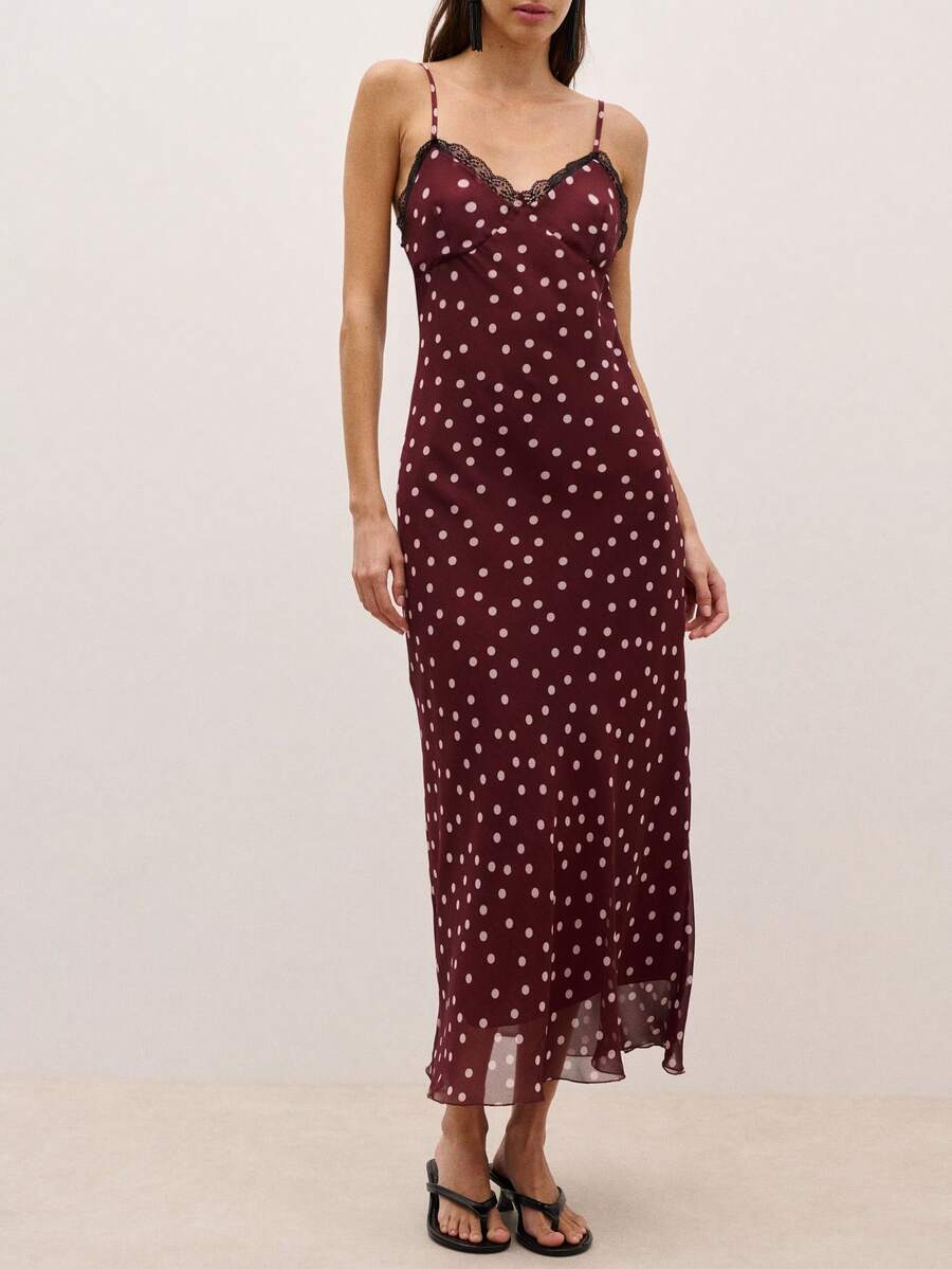 Nöista Women's Polka Dot And Lace Spaghetti Strap Dress - Brown - View 1