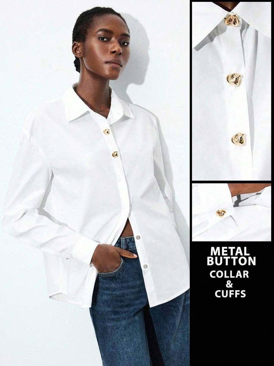 Maija 2026新款现代都市翻领长袖金属装饰纽扣宽松女式衬衫，适合初秋过渡季和返校季穿着。白色纽扣衬衫，白色女式衬衫，白色衬衫，白色领衬衫，白色修身衬衫，优雅女式衬衫，白色纽扣衬衫，适合秋季、冬季、万圣节、派对、圣帕特里克节、复活节、夏季、复活节女式派对、海滩、夏季假期、夏季外出、毕业典礼、毕业典礼休闲装等场合穿着。 - 白色 - 查看 1