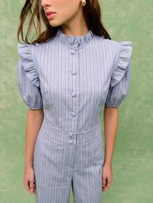 Nöista 细条纹连体裤，荷叶边领口，泡泡袖，阔腿廓形——精致、优雅、毫不费力的时尚感，是夏季、春夏休闲场合的理想之选。 - 藍色 - 查看 5