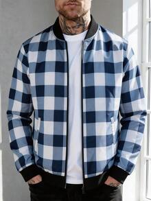 Manfinity Homme Men's Plaid Long Sleeve Zip-Up Collar Casual Baseball Jacket - Multicolor - View 2