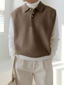 Claim Dot Áo vest len cổ polo đơn giản, màu trơn, thích hợp mặc hàng ngày đi làm, mùa thu/đông. - Màu nâu  Mocha - Xem 1