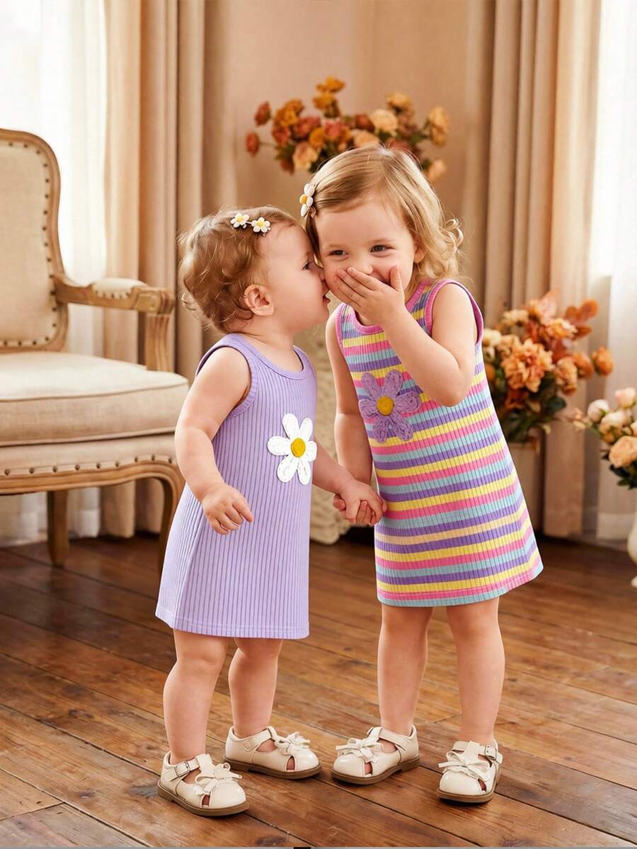 SHEIN Playful Pals 2件套女婴休闲运动街头时尚彩色条纹3D印花无袖连衣裙，适合春夏外出穿着 - 彩色 - 查看 1