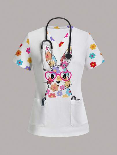 TaskEZ Easter Colorful Rabbit Print Women's Scrub Uniform Top