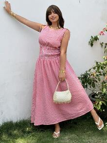 GalTyme 大码女式格子圆领无袖抽绳腰休闲连衣裙 - 紅白色 - 查看 6