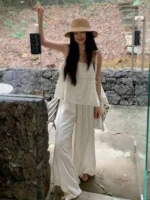 K-Vae 2pcs/Set Women's Fashionable White Camisole Top And Wide Leg Pants, Elegant Summer Outfit - White - View 4