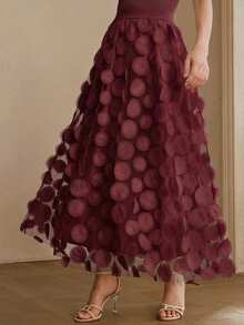 Anewsta 高品质时尚女式标准尺码优雅A字网纱半身裙，适合日常、约会和通勤穿着。 - 酒紅色 - 查看 2