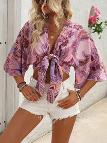SHEIN Holidaya 女士波西米亚风印花长袖系带上衣 - 粉色 - 查看 3