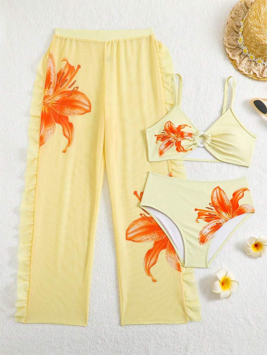 SHEIN Setelan Baju Renang Split Motif Bunga Lili Merah Muda untuk Remaja Perempuan dengan Celana Kaki Lebar Jala 3 Potong, Bikini Tali Spaghetti Ramah Kulit dan Cepat Kering untuk Liburan Musim Panas - Kuning - View 1