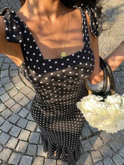 Sunnyshic Women's Black & White Polka Dot Mermaid Hem Tie Bow Maxi Dress, Vacation