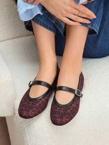 Rosivie Women's Casual Leopard Print Buckle Design Flat Loafers, Versatile For Daily Wear - Burgundy - View 8