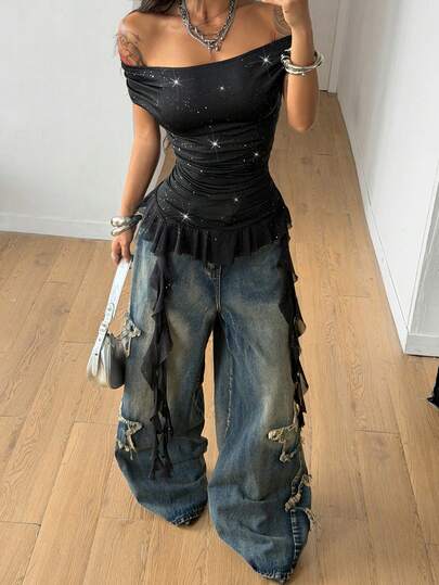 Coolane 女士休闲音乐节露肩网纱荷叶边不对称下摆上衣