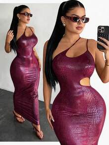 SHEIN SXY 女士露肩仿鳄鱼纹紧身连衣裙 - 淺粉色 - 查看 3