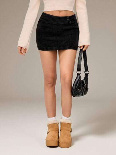 SHEIN Tall Women's Solid Color Foldable Waist Fashionable Sweater Skirt Black Skirt Mini Low Waisted Skirt Autumn Winter Clothes For Women