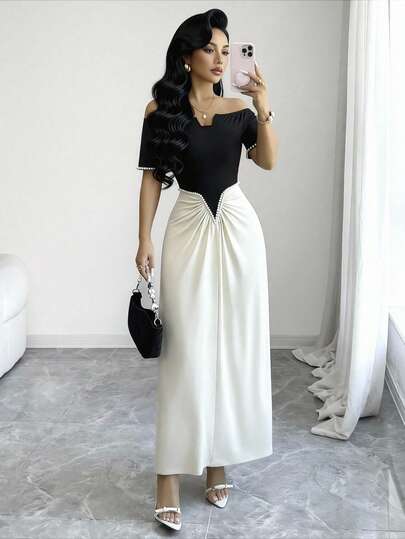 Modelyn Women's Elegant Socialite Style Color Block Short Sleeve Off-Shoulder Pearl Embellished Cinched Waist Long Dress
