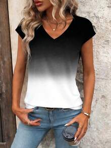 Camiseta de manga corta con cuello en V y degradado para el verano - Negro - Ver 3