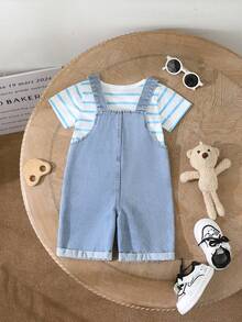 SHEIN Bộ đồ 2 món cho bé trai: Áo thun kẻ sọc và quần yếm denim hình voi hoạt hình dễ thương. - Màu xanh lam - Xem 2