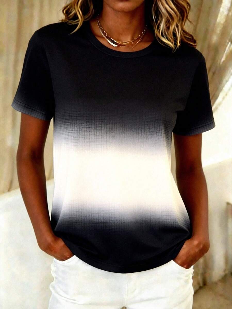 EMERY ROSE Women's Ombre Round Neck Casual Versatile Daily Wear Short Sleeve T-Shirt - Multicolor - View 1