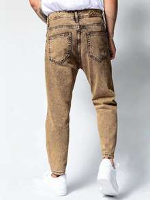 ROMWE MEN Street Life Quần jeans skinny nam phong cách đường phố thường ngày họa tiết bông tuyết - Màu Khaki - Xem 2