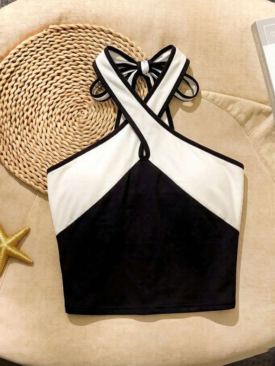 Franclia 女士夏季时尚黑白撞色交叉露背系带修身露脐上衣，性感露背无袖背心，适合通勤和日常穿着 - 黑與白 - 查看 1