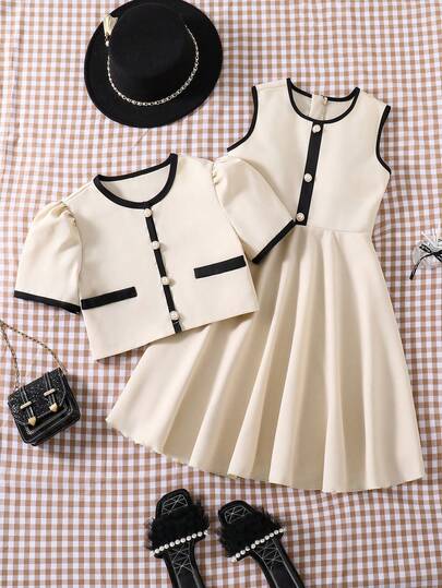 SHEIN Girls' Apricot Bamboo Knot Bubble Short Sleeve Jacket, Paired With Apricot Matching Zipper Front Dress, Jacket Front Decorated With 3 Apricot 3D Floral Appliques And 3 Faux Pearl Buttons, Fashionable And Elegant, Suitable For Daily, Commute, Gathering And Party Wear