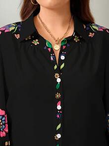 SHEIN Clasi 大码印花休闲衬衫，春秋新款黑色印花衬衫，女士上衣和衬衫，长袖休闲衬衫，女士休闲衬衫 - 彩色 - 查看 3