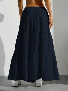 SHEIN PETITE CURVE Falda casual de verano de talla grande, de unicolor, con cintura elástica, cordón y dobladillo con volantes - Azul Marino - Ver 2
