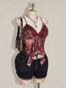 SHEIN ICON Plus Size Women Paisley Print Blue Green Ruffle Trim Camisole Top - Burgundy - View 8